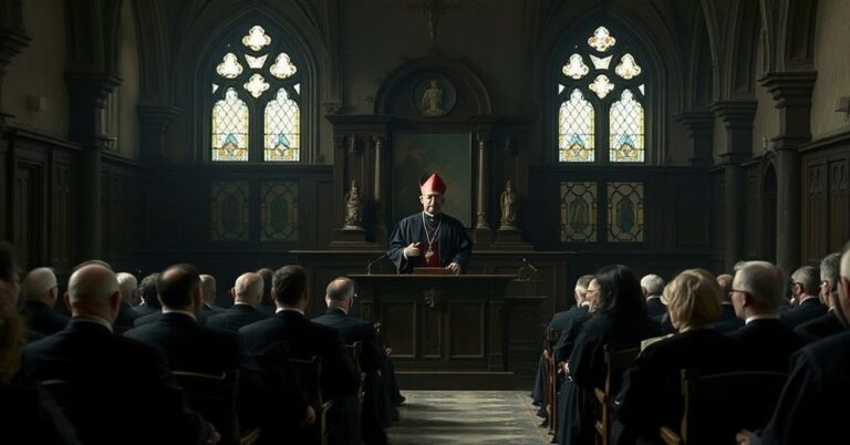 Tradycyjne katolickie wnętrze seminarium z modernistycznym uzurpatorem Andrzejem Przybylskim podczas przemówienia