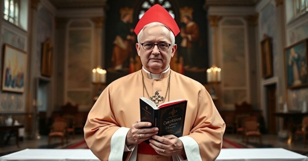 Ksiądz w tradycyjnych szatach świętych trzyma katechizm św. Piusa X przed nowoczesnym modernistycznym ołtarzem.