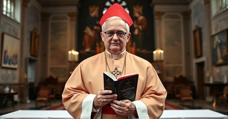 Ksiądz w tradycyjnych szatach świętych trzyma katechizm św. Piusa X przed nowoczesnym modernistycznym ołtarzem.