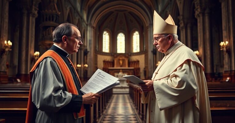 Obraz przedstawiający konflikt pomiędzy sekularnym ministrem a modernistycznym biskupem w tradycyjnym katolickim otoczeniu