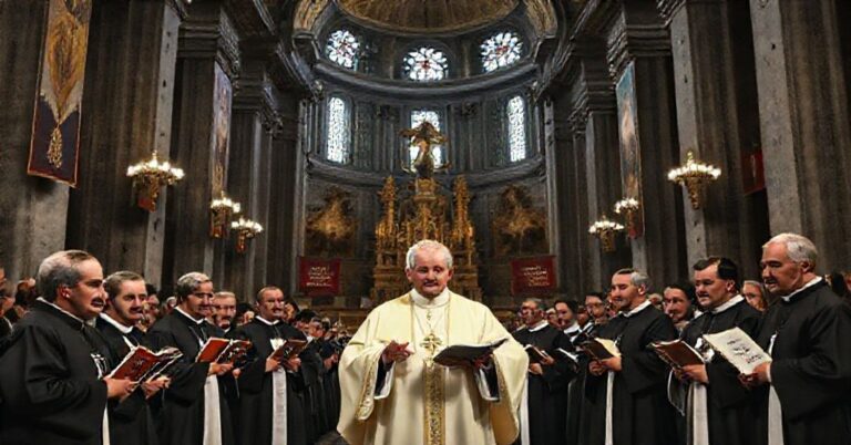 Wewnątrz bazyliki św. Jana na Lateranie podczas przemówienia Roberta Prevosta (samozwańczy 'Papież Leon XIV'), z modernistycznymi transparentami i symbolami ekumenicznymi podważającymi katolicką tradycję.