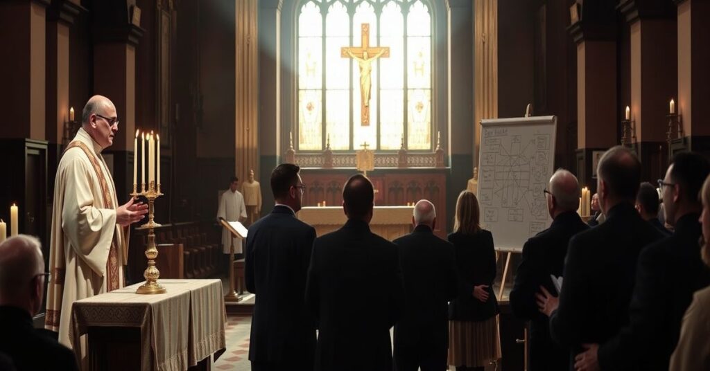 Tradycyjna parafia katolicka z ołtarzem i kapłanem sedevacantystą w kaszule obok modernistycznego biskupa Norvili i synodalu