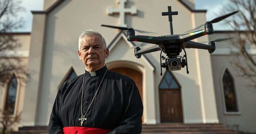 Prawdziwy katolicki książ w sutannie stoi przed modernistycznym kościłem w archidiecezji przemyskiej, wyrażając rozczarowanie. Scena podkreśla kontrast między prawdziwym katolickim sakralnością a modernistyczną idolatrią.