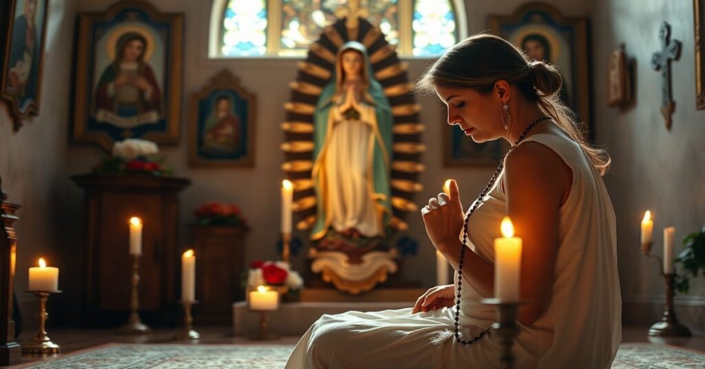 Kobieta modląca się przed figurą Matki Bożej z Guadalupe w tradycyjnym kościele katolickim
