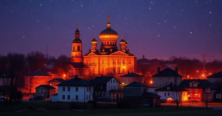 Stara kobieta modli się przed zniszczonym kościołem katolickim w Donbasie na tle rosyjskiej okupacji.