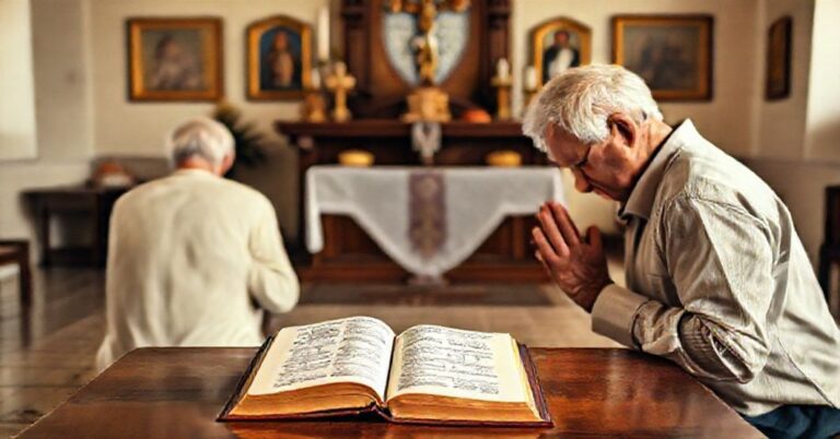 Staruszki modli się przed tradycyjnym ołtarzem katolickim, podkreślając głębokość duchową i wiecznotość życia