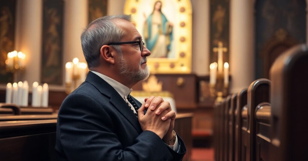 Modlący się katolicki ojciec w świątyni - wzór ojcostwa w tradycji katolickiej