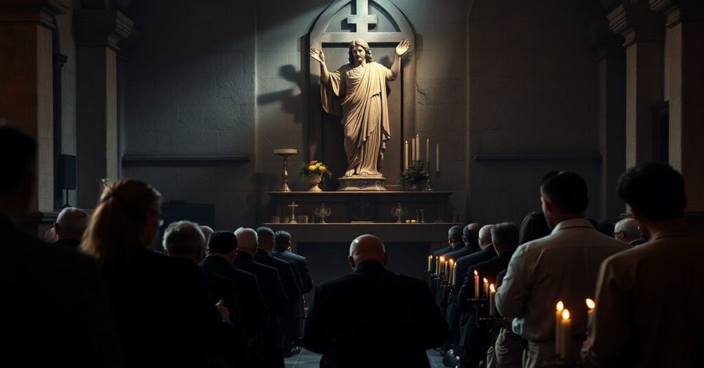 Zgromadzenie wiernych w tradycyjnym kościele modlące się przed starym posągiem Chrystusa Króla