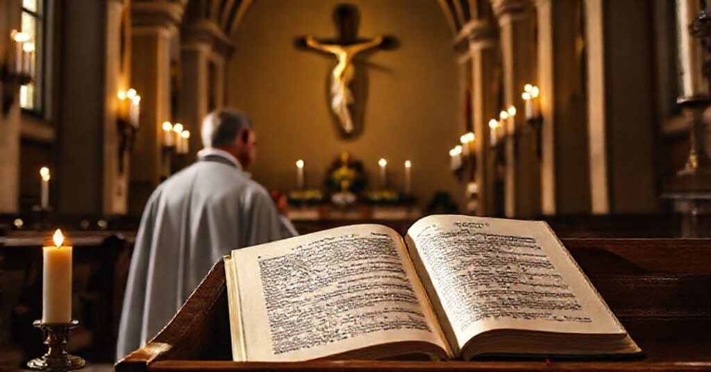 Świetlista sakrystia w tradycyjnym kościele katolickim z modlącym się klerykiem przed krzyżem