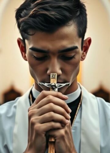 Rewersyjne zdjęcie młodego modlącego się katolika w tradycyjnej świątyni Rewersyjny obraz młodego mężczyzny modlącego się w tradycyjnej świątyni, ukazujący powagę i pokorę, symbolizujący krytykę modernistycznego Kościoła