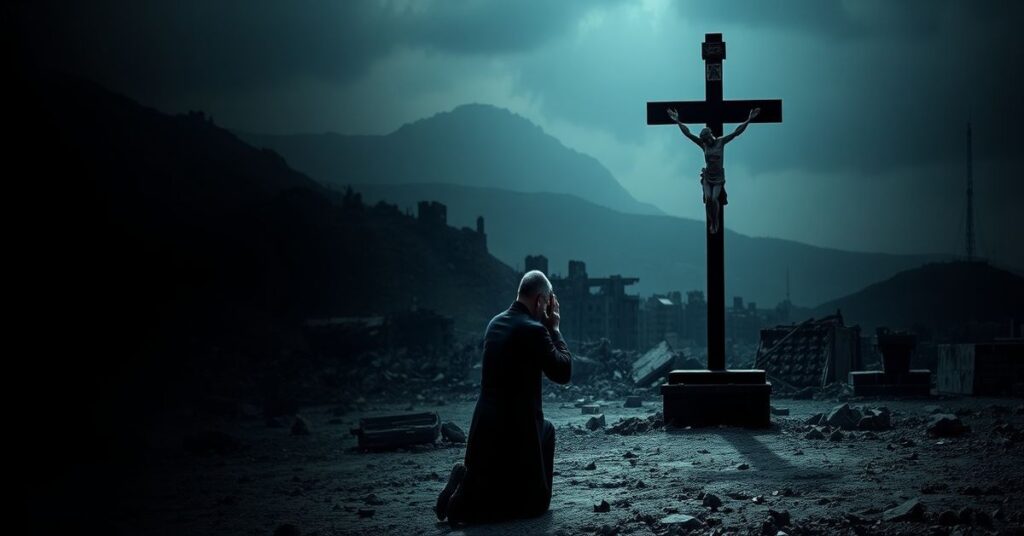 Modlący się ksiądz przed krzyżem na tle zniszczonego pejzażu w Iranie, symbolizując brak boskiej sprawiedliwości w współczesnych konfliktach.