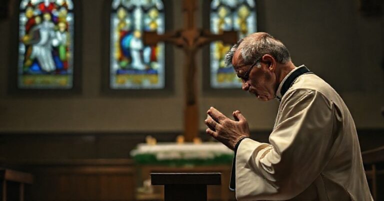 Kneeling priest in prayer before a cross in a dimly lit church with stained glass depicting the Nativity.