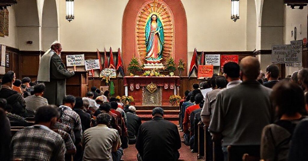 Scena w tradycyjnym kościele katolickim z migrantami modlącymi się przed statuą Matki Bożej z Guadalupe, podczas przemówienia "biskupa" Marka Seitza na temat migracji.