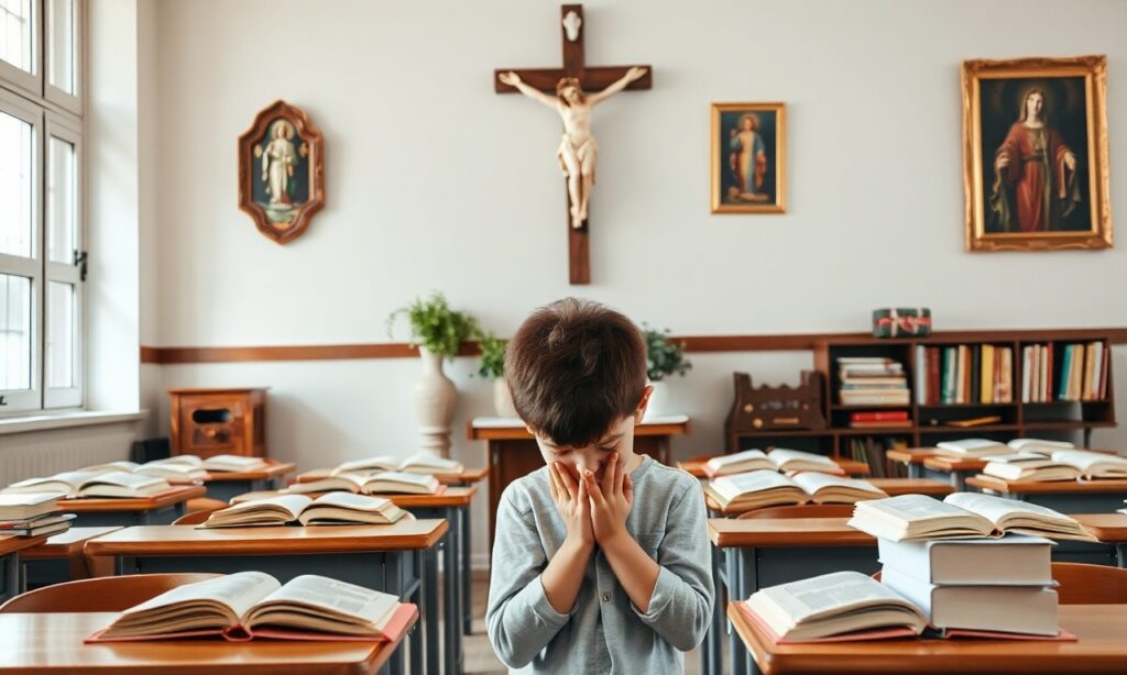 Młodzieżowie modlący się przed krzyżem w tradycyjnym katolickim klasie