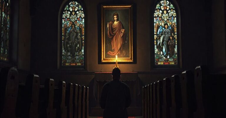 Poważny seminarzysta modlący się w tradycyjnej kaplicy seminarium przed tabernakulum przy słabym świetle świecy. Na tle stary obraz Chrystusa Króla i witraże przedstawiające męczeństwo.