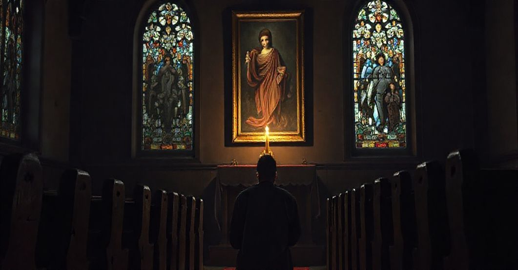 Poważny seminarzysta modlący się w tradycyjnej kaplicy seminarium przed tabernakulum przy słabym świetle świecy. Na tle stary obraz Chrystusa Króla i witraże przedstawiające męczeństwo.