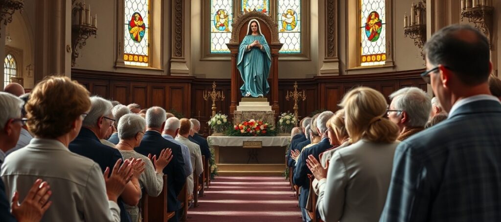 Zgromadzenie tradycyjnych katolików w historycznym kościele modlących się przed statuą Niepokalanego Serca Maryi