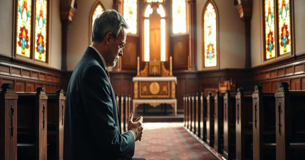 Tradycyjny katolicki wnętrze kościoła z modlącym się laikiem przed zamkniętym tabernakulum