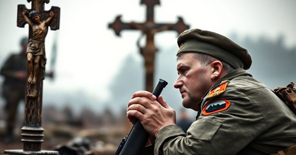 Katolicki święty w mundurze modli się przed Krzyżm na polu bitwy, symbolizując powiązanę wiary z obroną Ojczyzny