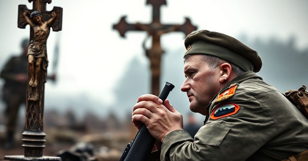 Katolicki święty w mundurze modli się przed Krzyżm na polu bitwy, symbolizując powiązanę wiary z obroną Ojczyzny