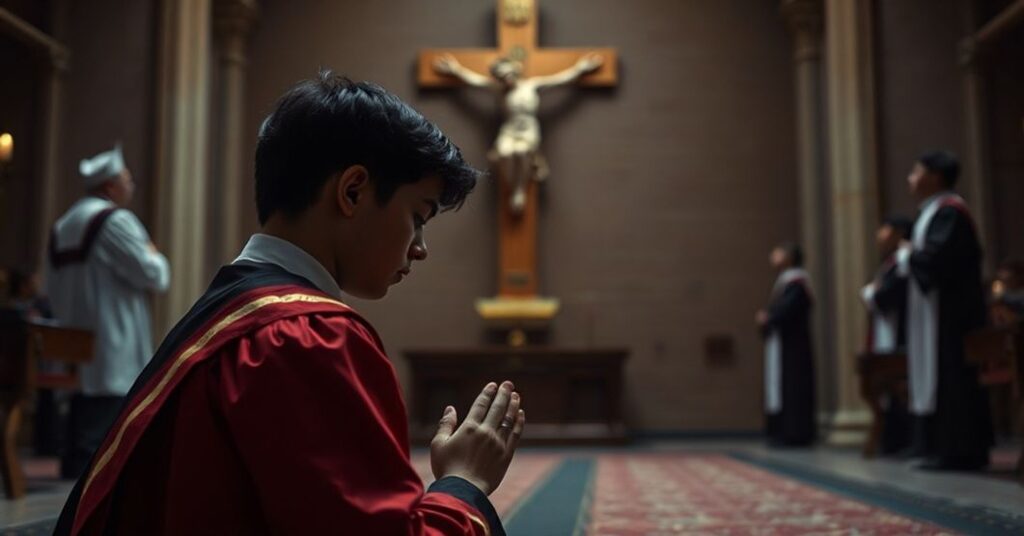 Młodzi katolicki student w modlitewnym rozmyśleniu przed krzyżem w uniwersyteckiej kaplicy