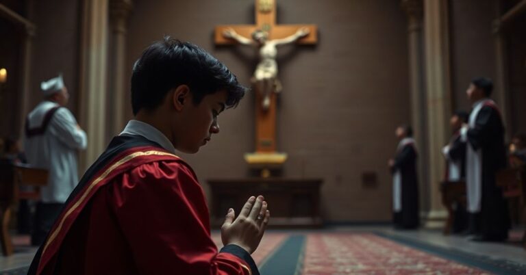 Młodzi katolicki student w modlitewnym rozmyśleniu przed krzyżem w uniwersyteckiej kaplicy