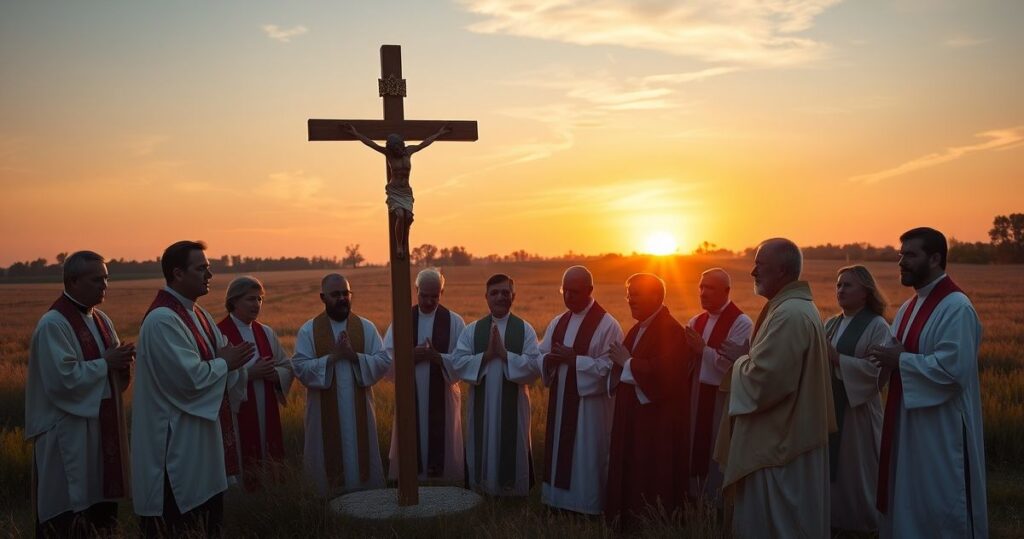 Uczestnicy modlitwy na zewnątrz w trudnej chwili, duchowa refleksja i pokora wobec Bożej władzy