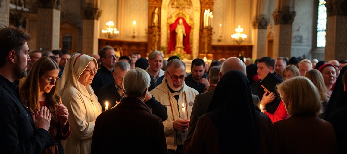 Grupa wiernych w tradycyjnym sanktuarium modli się podczas czuwania przed Zesłaniem Ducha Świętego w Grodowcu.