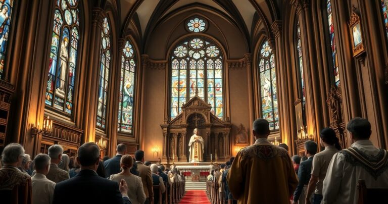 Rekreacja wiernych modlących się w tradycyjnej katolickiej świątyni, symbolizująca głęboką pobożność i oczekiwanie na prawdziwy pokój według katolickiej nauki z sedevacantistycznej perspektywy