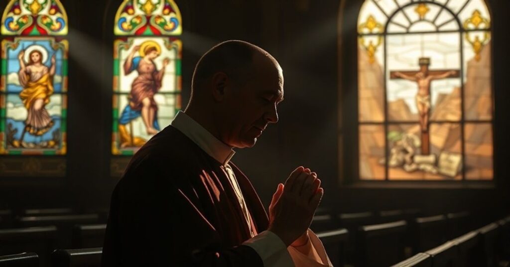 Ksiądz modli się w ciemnym kościele przy witrażu ukazującym ukrzyżowanie Chrystusa