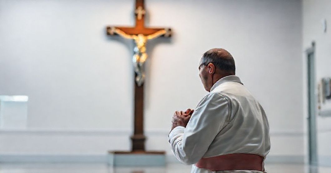 Mężczyzna w modlitwie przed krzyżem, symbolizujący konflikt między wiarą a medycyną nowoczesną.