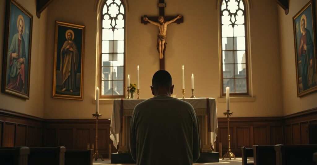 Młody katolik modli się przed tradycyjnym ołtarzem w starej kaplicy podczas wewnętrznego konfliktu między prawdziwą wiarą a nowoczesnym redukcjonizmem psychologicznym.