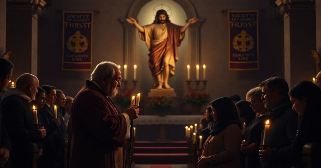 Grupa wiernych modli się przed roratami w tradycyjnej kaplicy adwentowej w świetle świec.