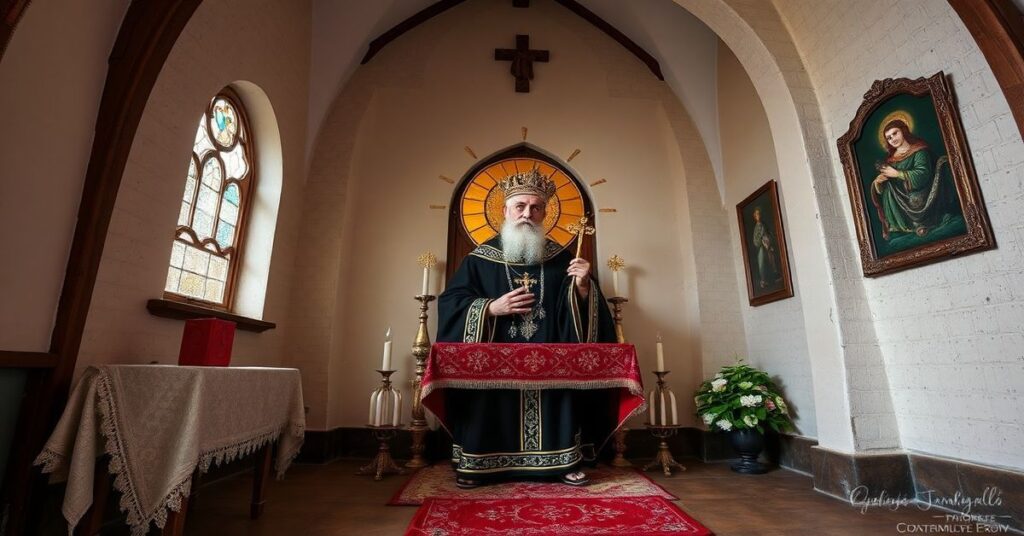 Młody artysta modli się przed krucyfiksem w tradycyjnym katolickim habitacie