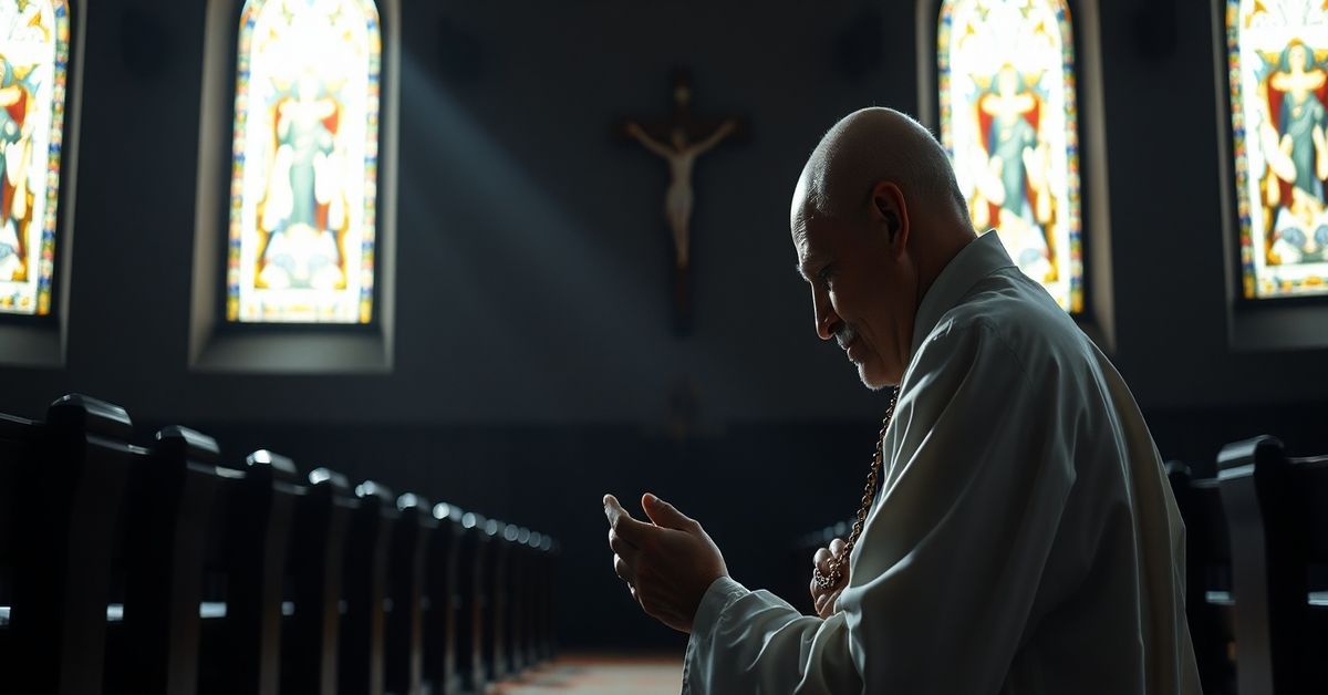 Sobór katolicki z modlącym się kapłanem przed krucyfiksem w tradycyjnym kościele