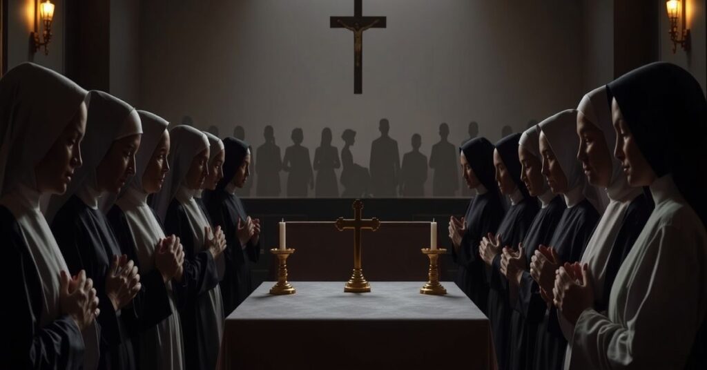 Grupa sióstr zakonnych modli się o pokój bez Chrystusa, symbolizując humanistyczny pogląd na modlitwę