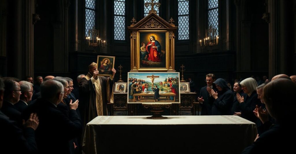 Wnętrze katedry w Płocku podczas Wielkiego Piątku - modernistyczna liturgia z „bp” Szymonem Stułkowskim bez prawdziwego krzyża.