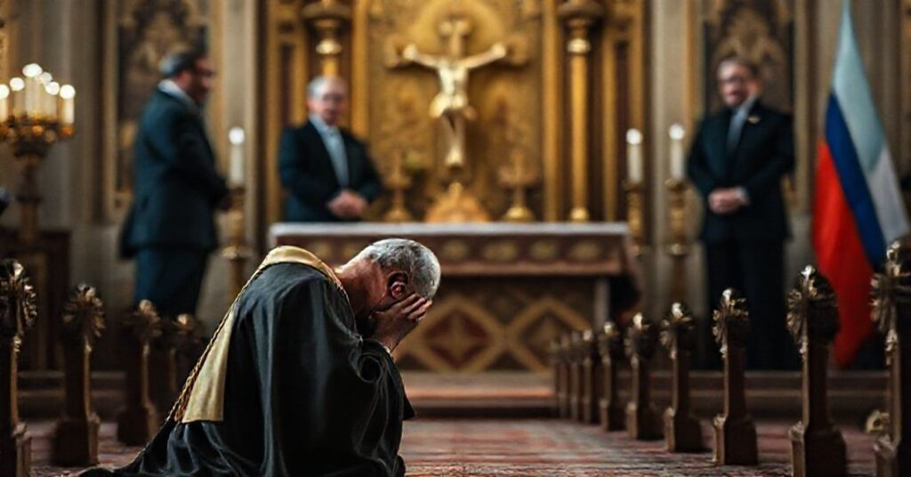 Kneeling Catholic bishop in liturgical vestments prays for divine intervention in the Ukrainian conflict, with blurred figures of politicians like Keir Starmer and Putin in the background.