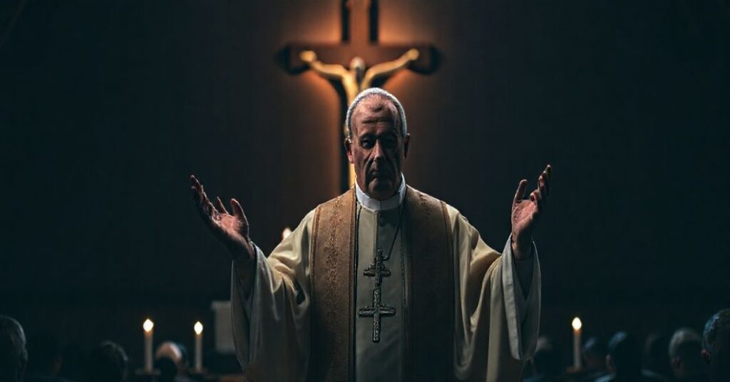 Informacyjny obraz przedstawiający tradycyjnego biskupa katolickiego w modlitwie o pokój i opiekę duchową dla ofiar wojny.