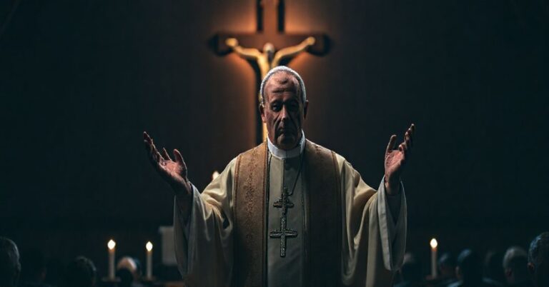 Informacyjny obraz przedstawiający tradycyjnego biskupa katolickiego w modlitwie o pokój i opiekę duchową dla ofiar wojny.