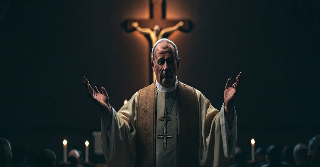 Informacyjny obraz przedstawiający tradycyjnego biskupa katolickiego w modlitwie o pokój i opiekę duchową dla ofiar wojny.