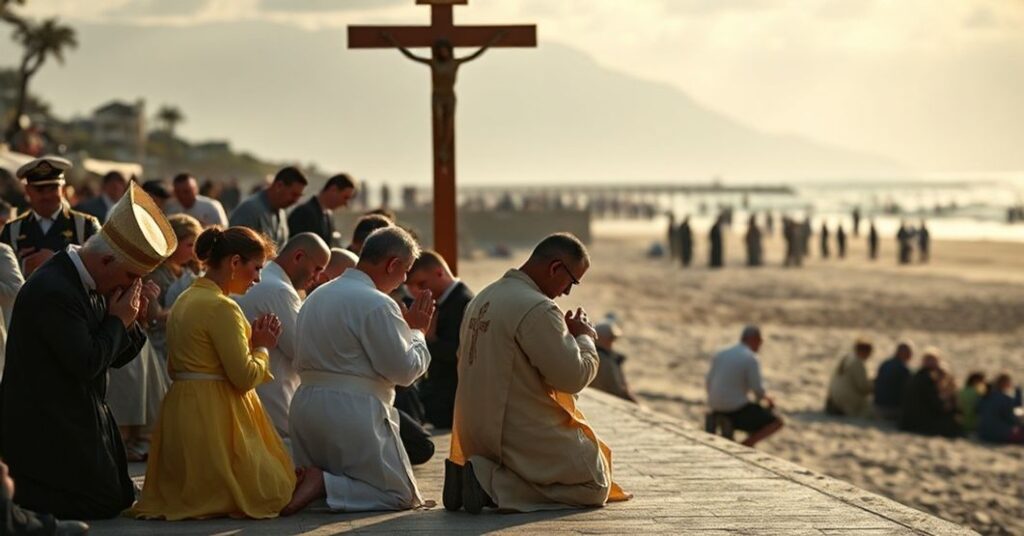 Grupa modlących się katolików na plaży Bondi po masakrze, pod dużym krzyżem, z księdzem w ornaty.