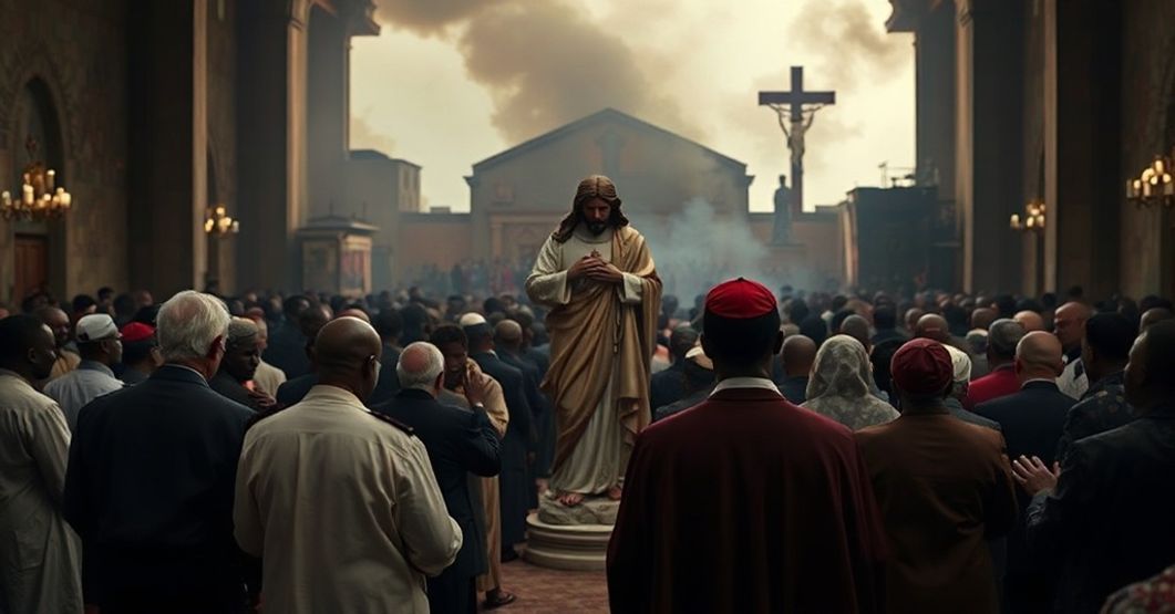 Grupa chrześcijan w modlitwie przed spaloną kościołem w Nigerii; w tle dym i zniszczenie