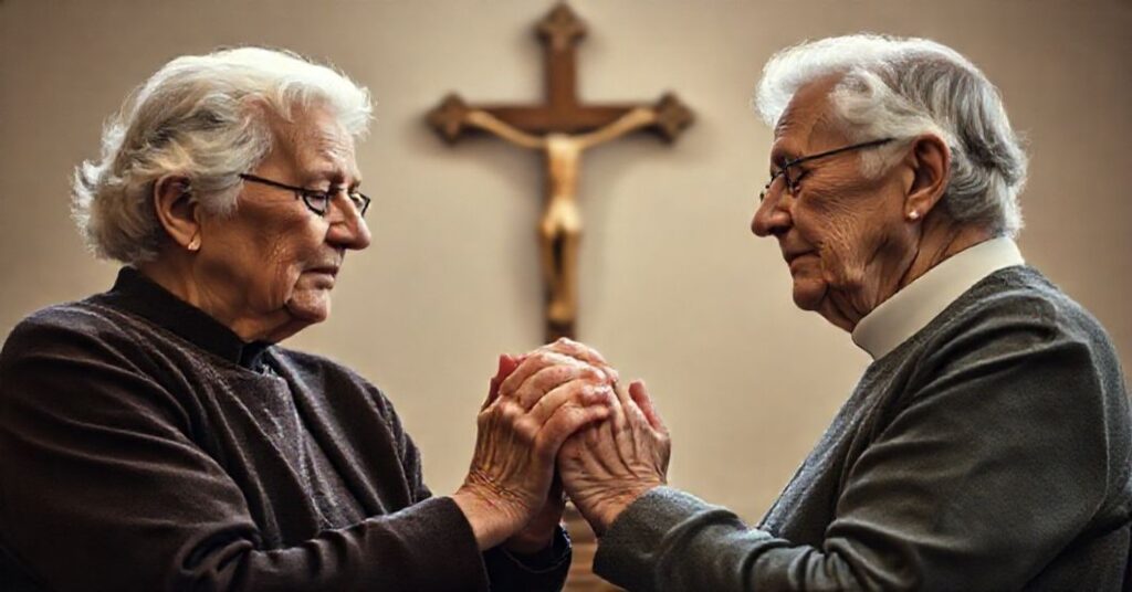 Staruszek para trzymająca się za ręce w modlitwie z krzyżem w tle.
