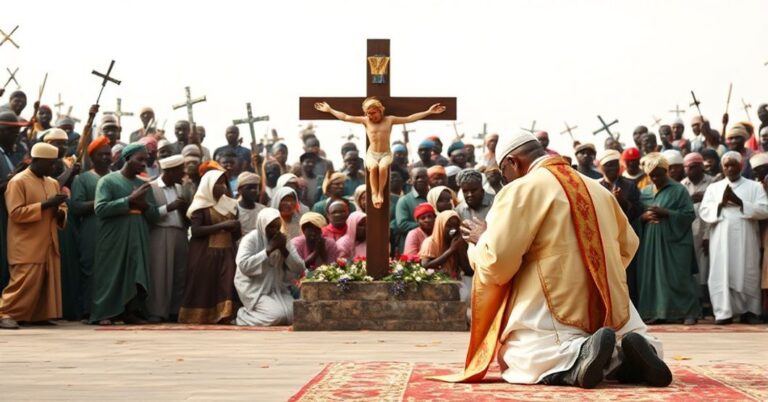 Kobieta w tradycyjnym stroju katolickim modli się przed krzyżem z tłem chrześcijan z Nigerii szukających schronienia