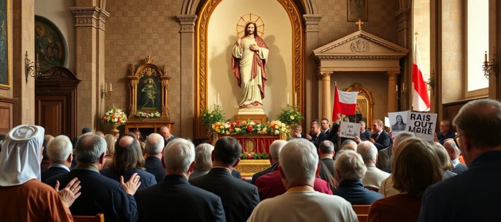 Grupa tradycyjnych katolików modli się w kościele przed obrazem Serca Pana Jezusa. Na tle widoczna jest grupa obywateli lobbujących przed budynkiem Sejmu w dniu 13 maja 2026 roku.