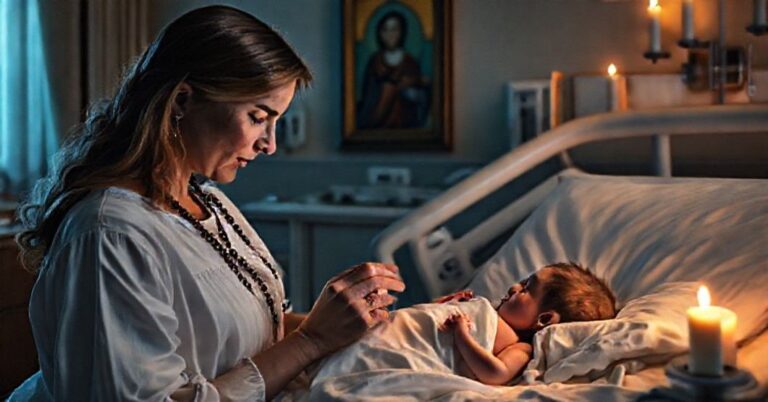 Kobieta katolicka modli się przed szpitalnym łóżkiem noworodka po tragicznej strzelaninie w Tampie