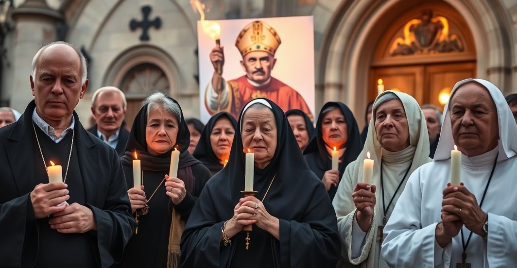 Grupa wiernych katolickich modli się w proteście przeciwko nowoczesnym herezjom, paląc obraz fałszywego papieża.