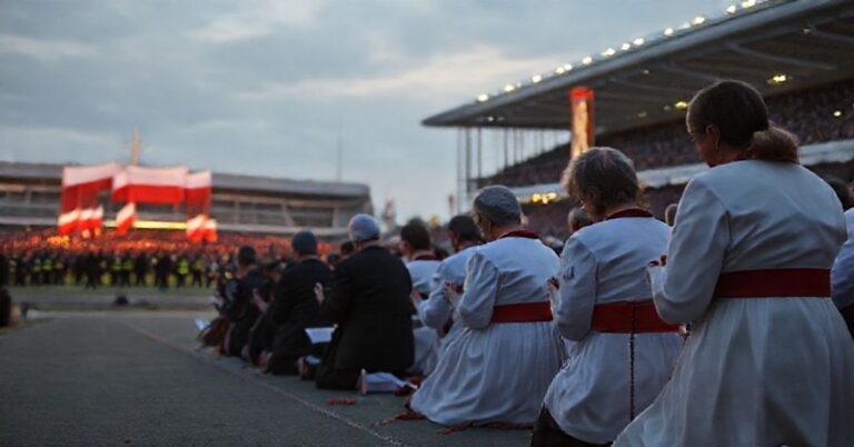 Zdjęcie przedstawiające grupę wiernych modlących się różańcem przed stadionem narodowym w Polsce, symbolizującą katolicki opór wobec politycznej manipulacji patriotyzmem.