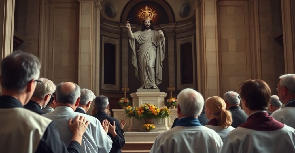 Grupa wiernych modlących się przed posągiem Chrystusa Króla w tradycyjnym kościele katolickim, symbolizując pokój duchowy.